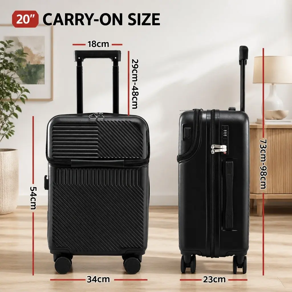 20 Inch Carry On Luggage Suitcase Front Pocket Black Travel Case Spinner