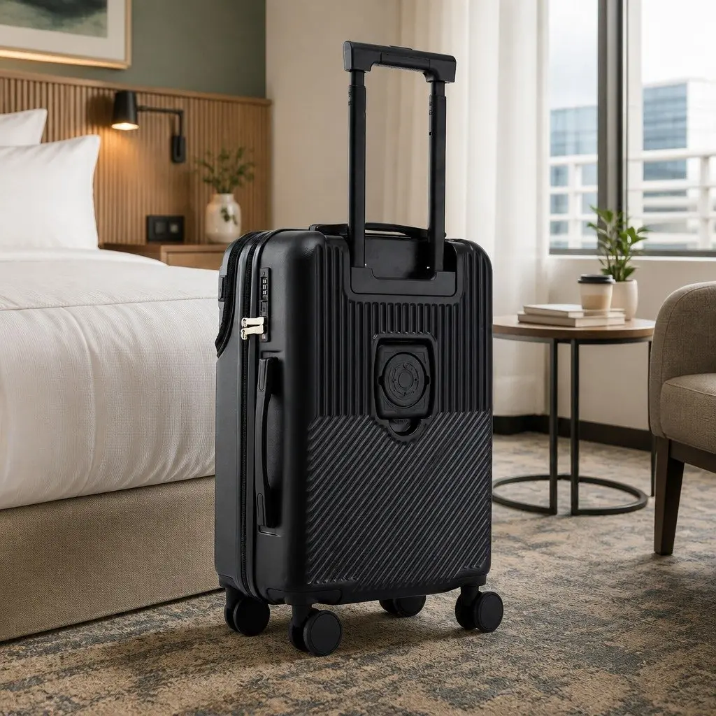 20 Inch Carry On Luggage Suitcase Front Pocket Black Travel Case Spinner