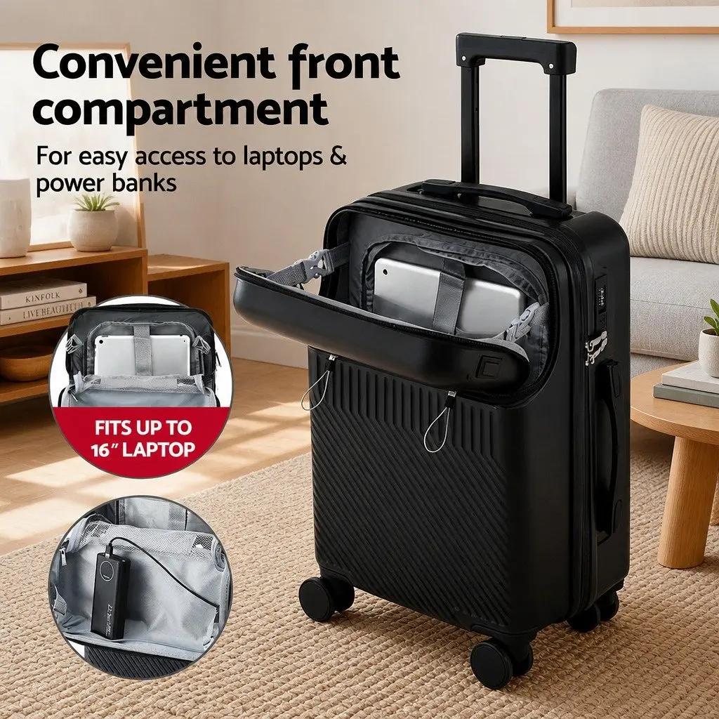 20 Inch Carry On Luggage Suitcase Front Pocket Black Travel Case Spinner