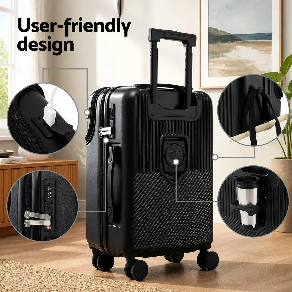20 Inch Carry On Luggage Suitcase Front Pocket Black Travel Case Spinner