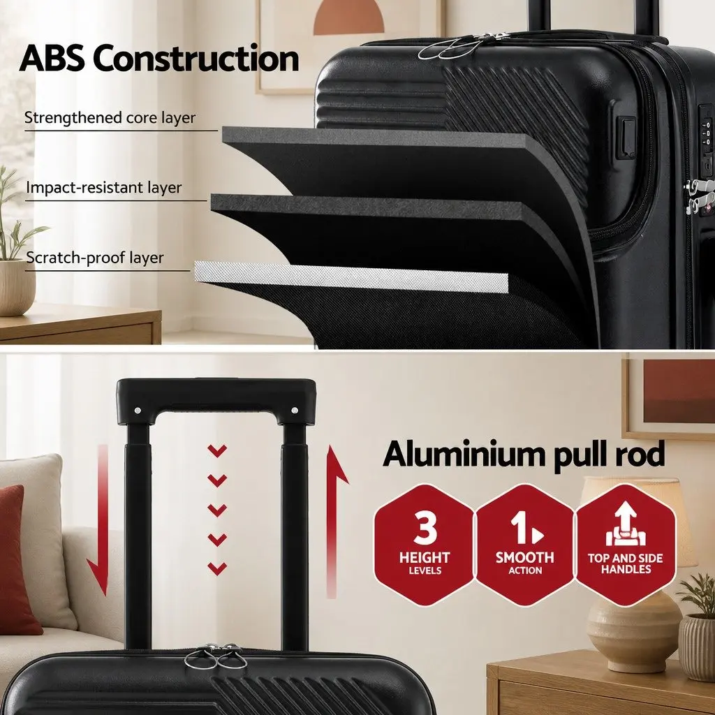 20 Inch Carry On Luggage Suitcase Front Pocket Black Travel Case Spinner