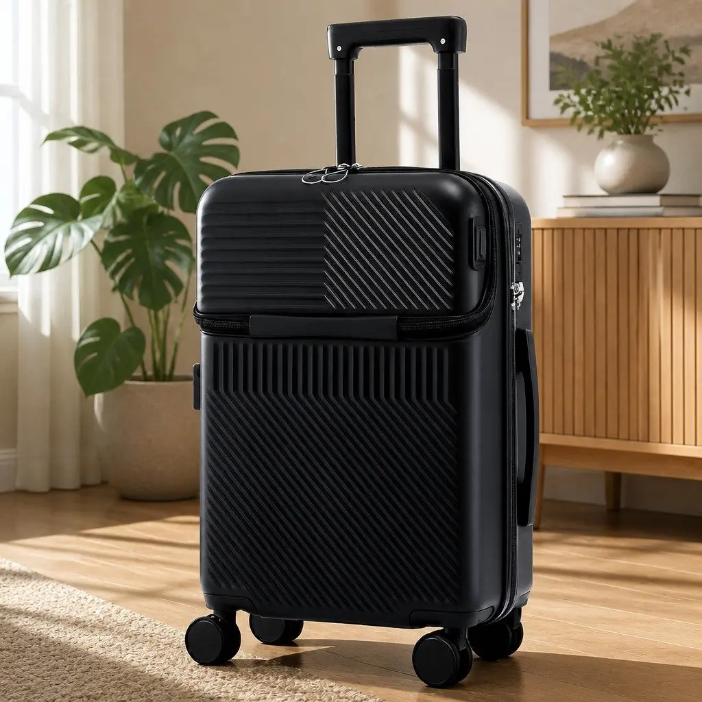 20 Inch Carry On Luggage Suitcase Front Pocket Black Travel Case Spinner