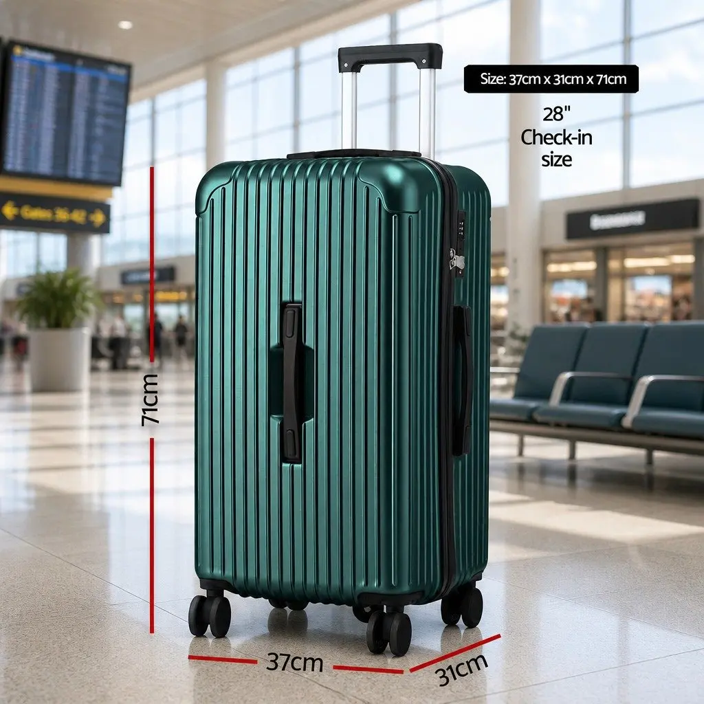 28" Trunk Luggage Suitcase Green Travel Case with USB Type-C Port and 5 Wheels