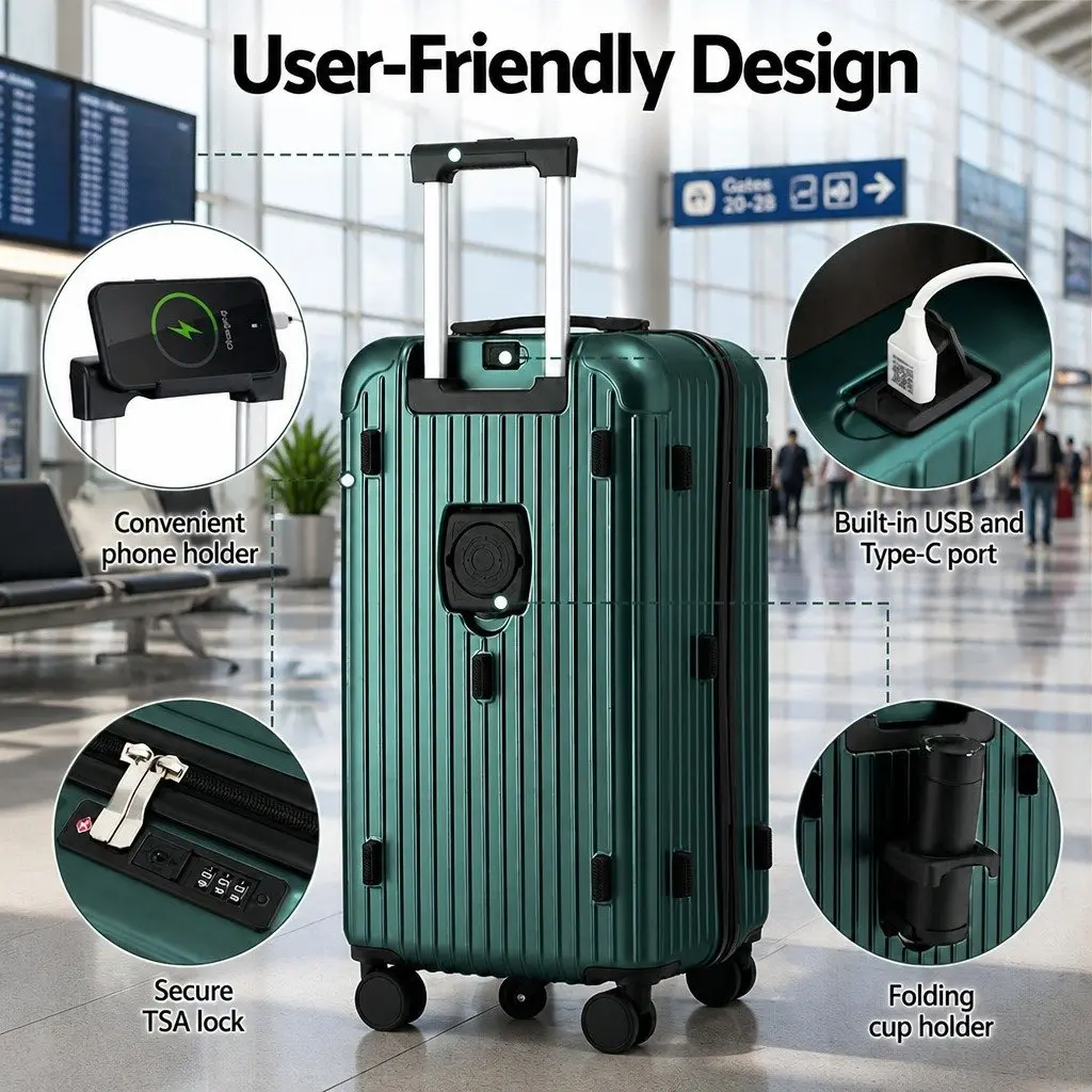 28" Trunk Luggage Suitcase Green Travel Case with USB Type-C Port and 5 Wheels