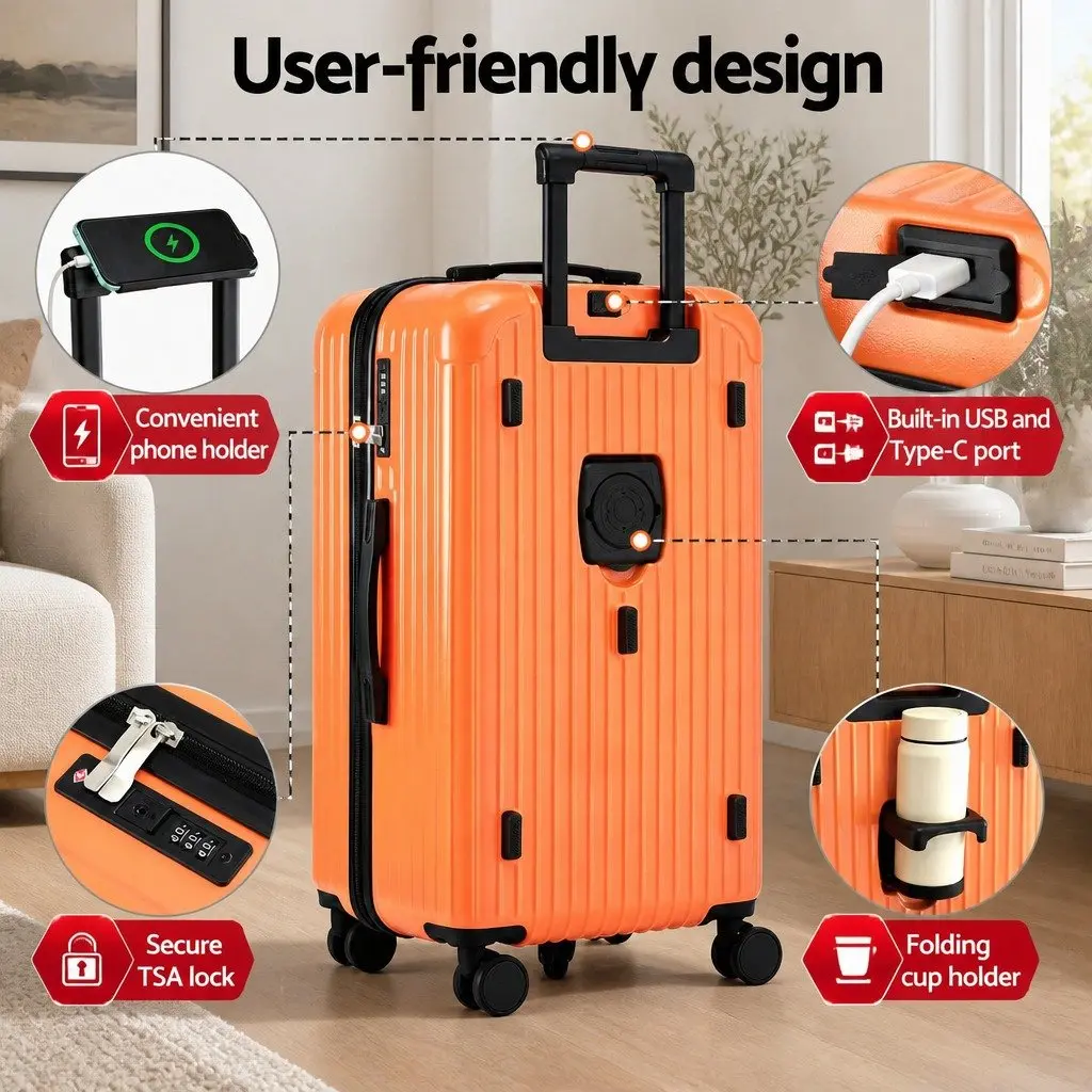 28" Trunk Luggage Suitcase Travel Case Hard Shell Orange 5 Wheels