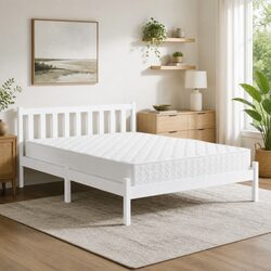 Double Mattress with Wooden Bed Frame Natural Pine Timber Base White Bedroom