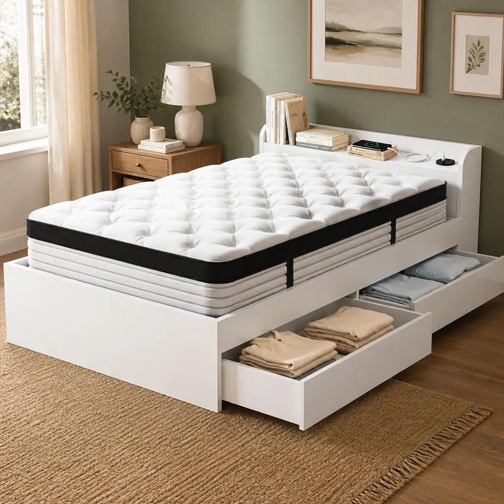Single Mattress 5-Zone Pocket Spring with Wooden Storage Bed Frame Charging