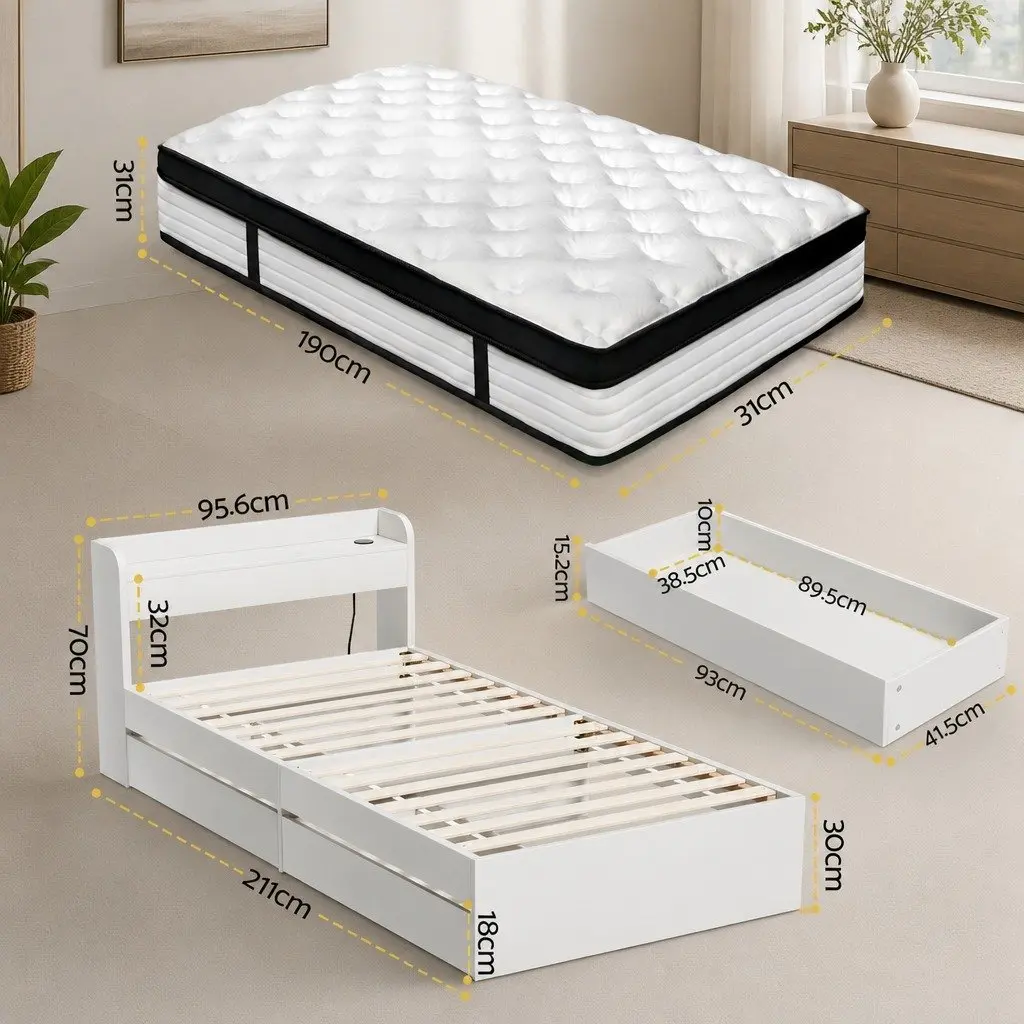 Single Mattress 5-Zone Pocket Spring with Wooden Storage Bed Frame Charging