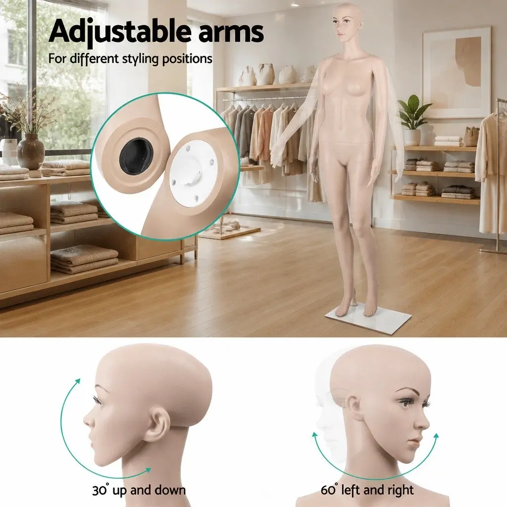 Full Body Female Mannequin Adjustable Arms Head 175cm Tall Skin Colour