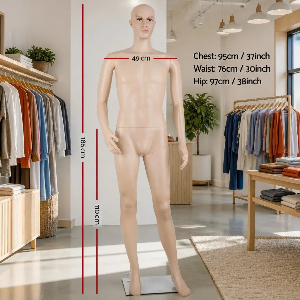 Full Body Male Mannequin Skin Colour Adjustable Arms Head 186cm Retail Display