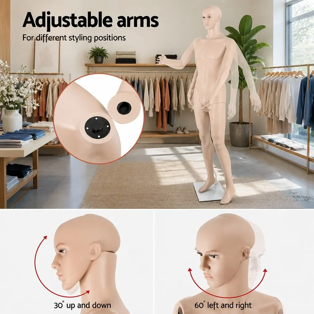 Full Body Male Mannequin Skin Colour Adjustable Arms Head 186cm Retail Display