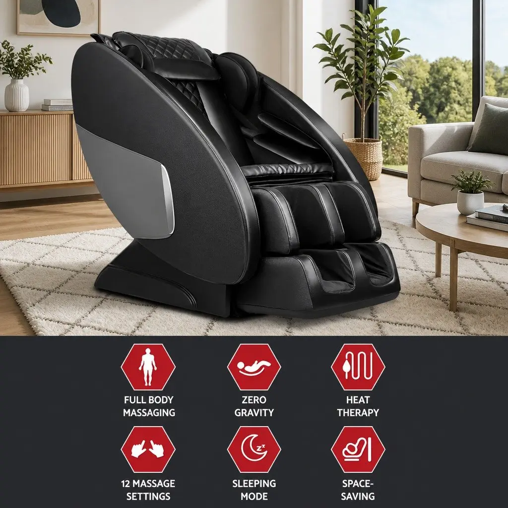 Massage Chair Electric Zero-Gravity Full Body Black Home Therapy with Heating Function and Advanced Massage Technology