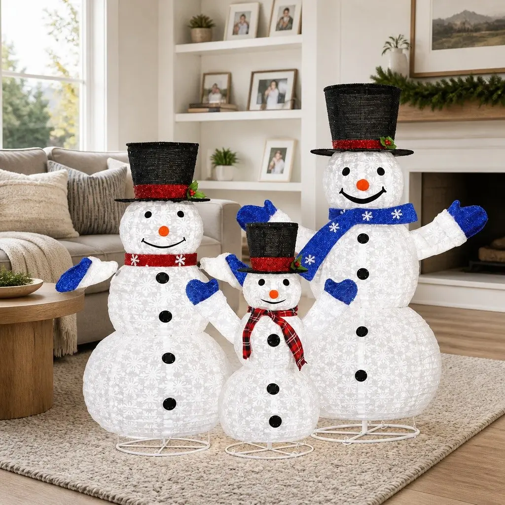 Christmas Lights LED Snowman Decorations Set 3 Piece Indoor Outdoor 330 Cool White