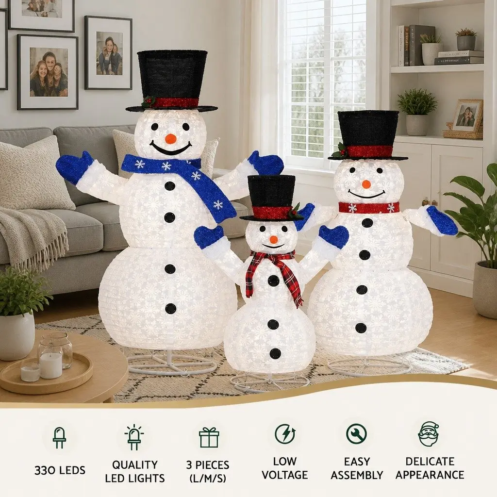 Christmas Lights LED Snowman Decorations Set 3 Piece Indoor Outdoor 330 Cool White