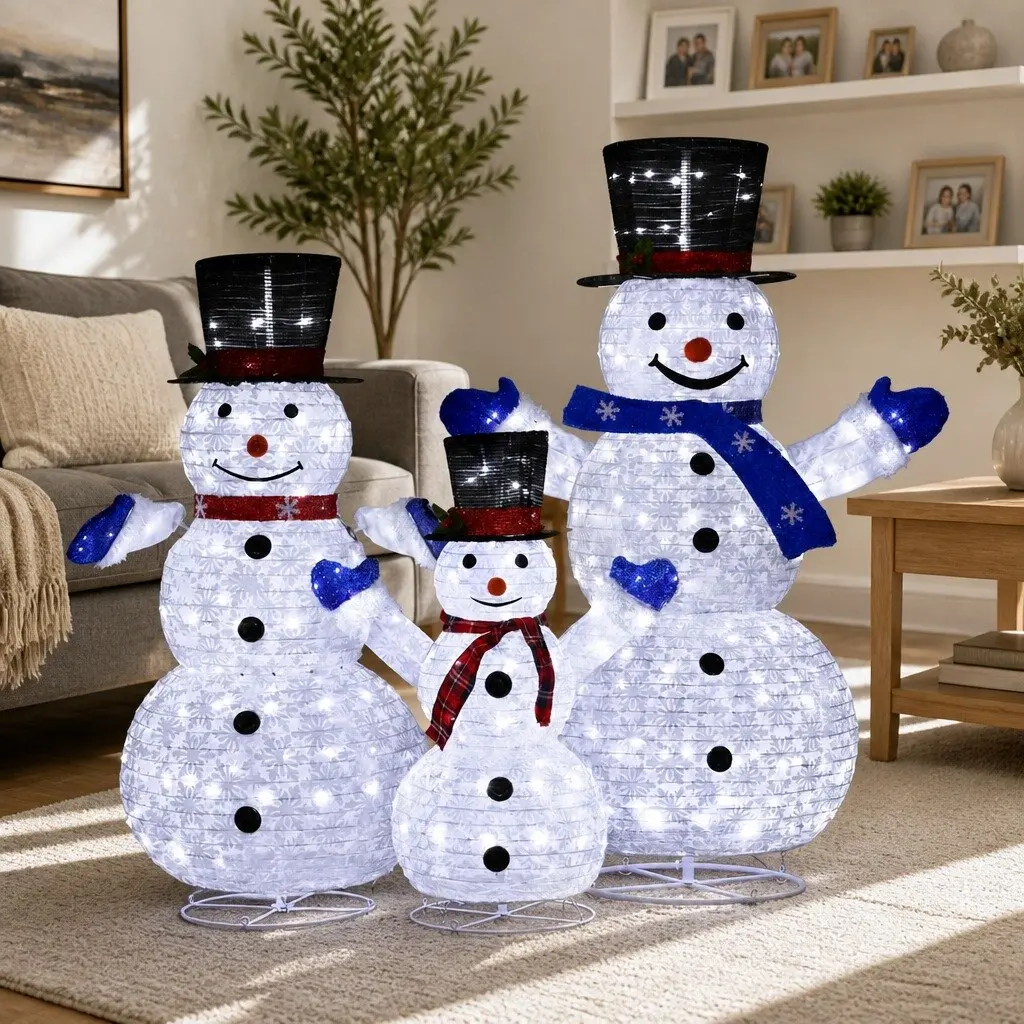 Christmas Lights LED Snowman Decorations Set 3 Piece Indoor Outdoor 330 Cool White