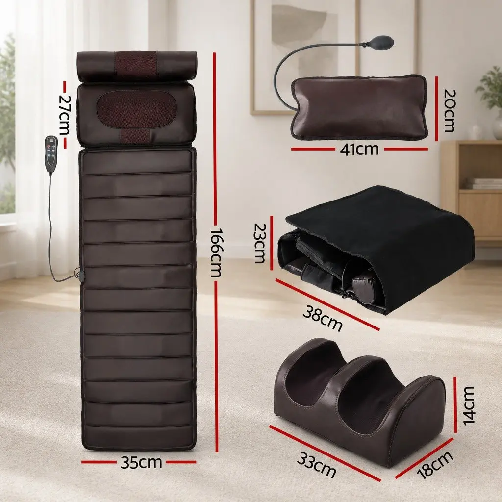 Full Body Massage Mat Kneading Neck Foot Massager Heated Vibration Airbag Brown 166cm x 35cm