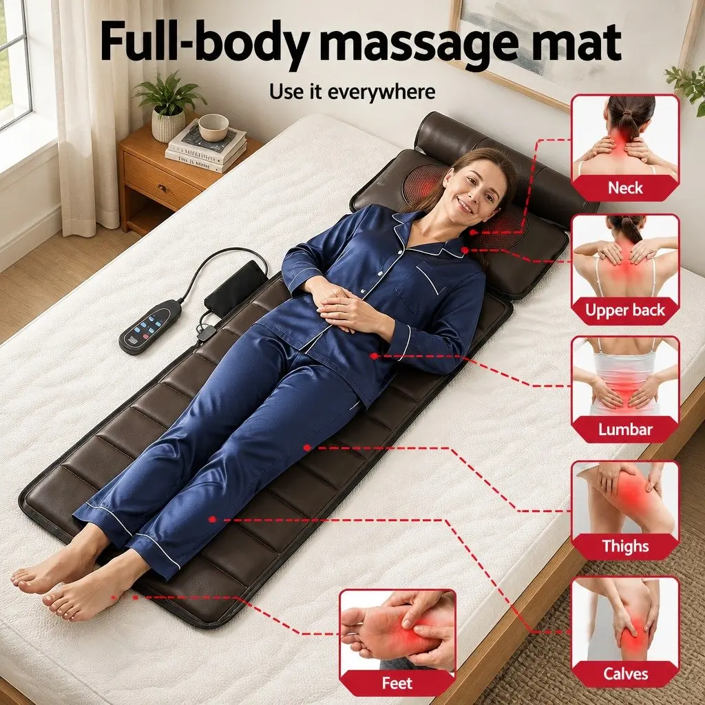 Full Body Massage Mat Kneading Neck Foot Massager Heated Vibration Airbag Brown 166cm x 35cm