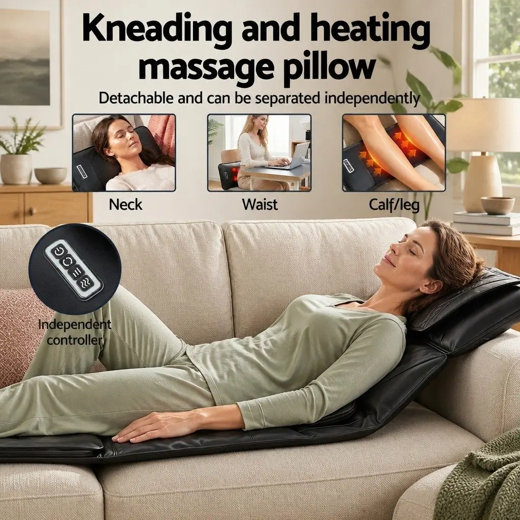 Full Body Massage Mat Heated Kneading Neck Lumbar Airbag Stretch Vibration 170cm Black