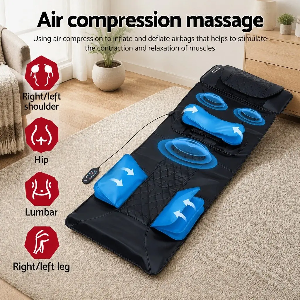 Full Body Massage Mat Heated Kneading Neck Lumbar Airbag Stretch Vibration 170cm Black