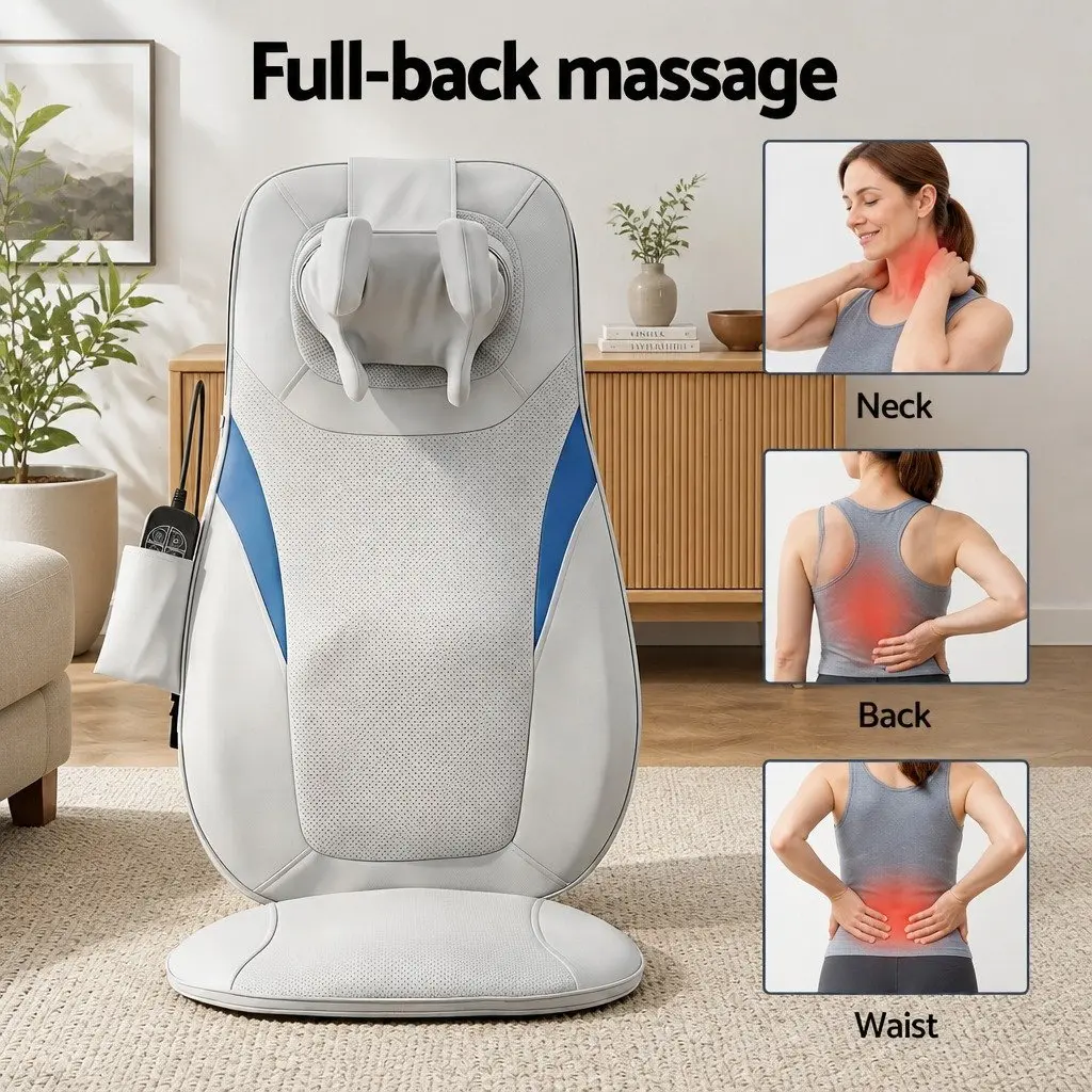 Massage Cushion Full Back Relaxation 3D Kneading Grey Vibration Heating Seat Pad for Office Home Car