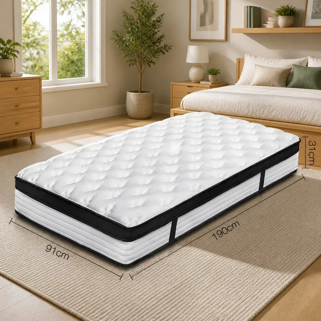 Single Bed Mattress Medium Firmness 31cm Euro Top Plush Pocket Spring White