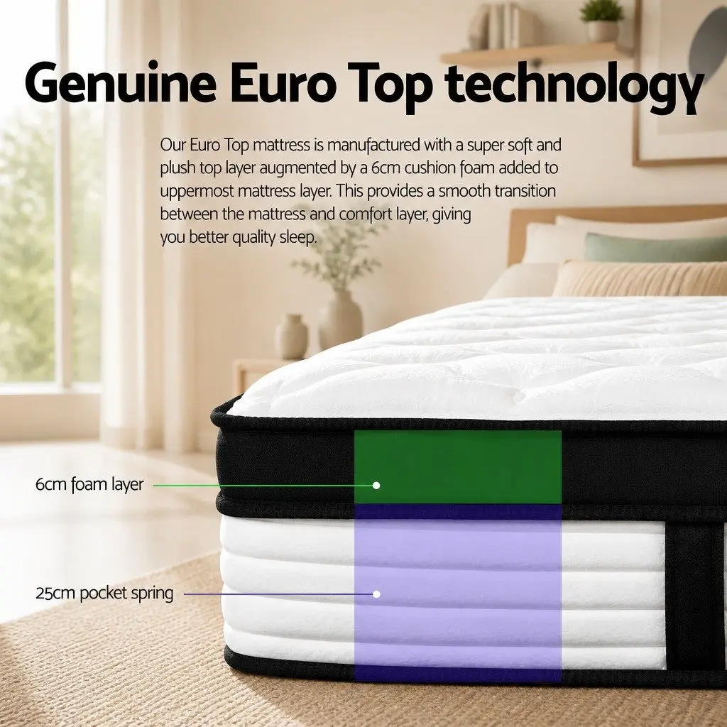 Single Bed Mattress Medium Firmness 31cm Euro Top Plush Pocket Spring White