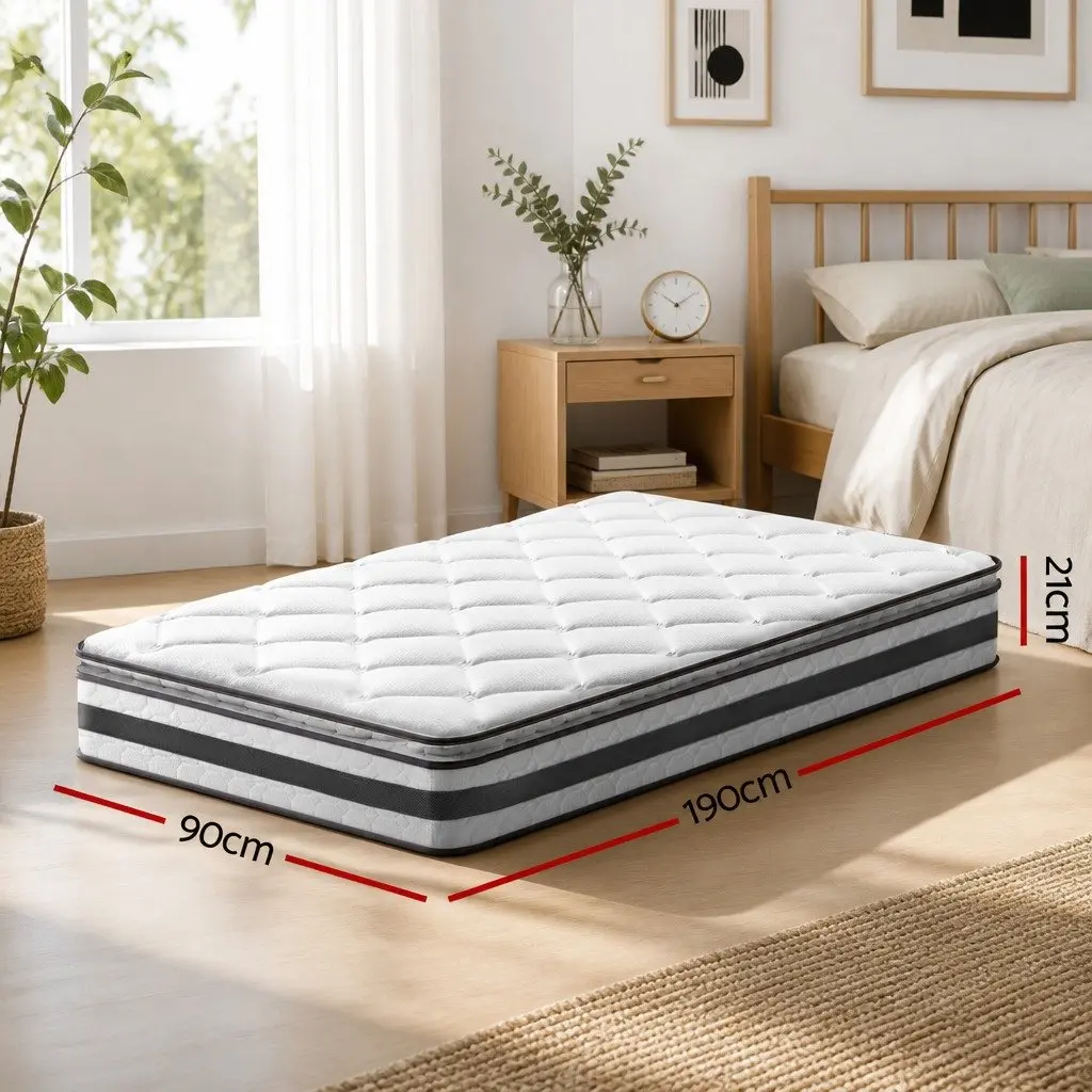 Single Mattress Medium Firm 21cm Pillow Top Bonnell Spring White