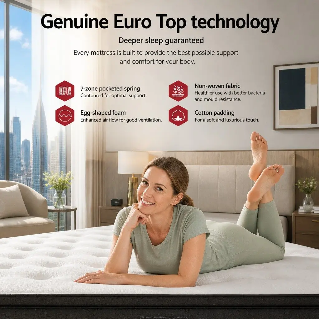 Queen Mattress 34cm Euro Top Medium Firm Pocket Springs White Bed Mattress