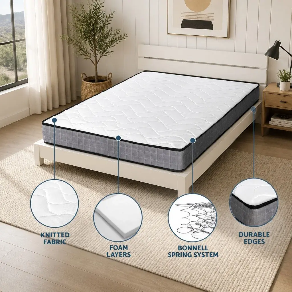 Double Mattress 13cm Bonnell Spring Medium Firm Tight Top Black White