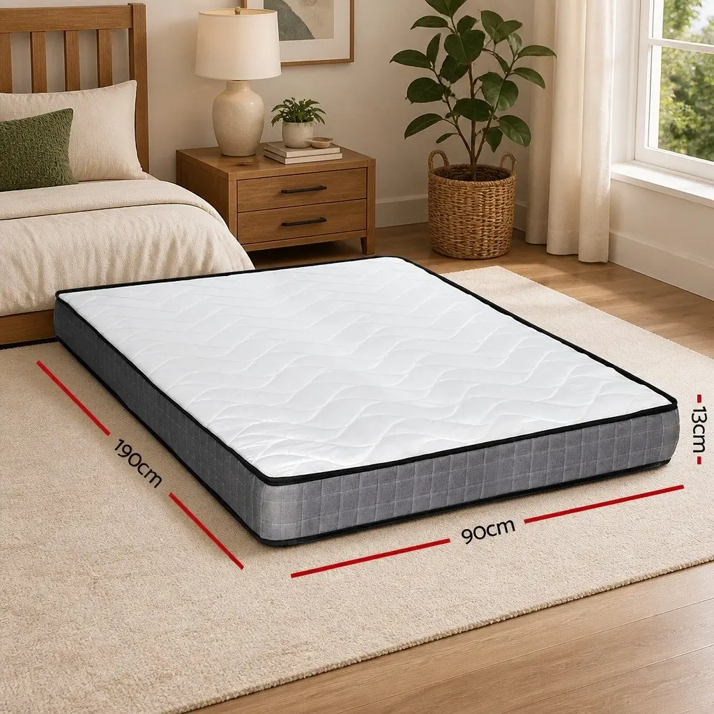 Single Bonnell Spring Mattress Medium Firm 13cm Quilted White Grey