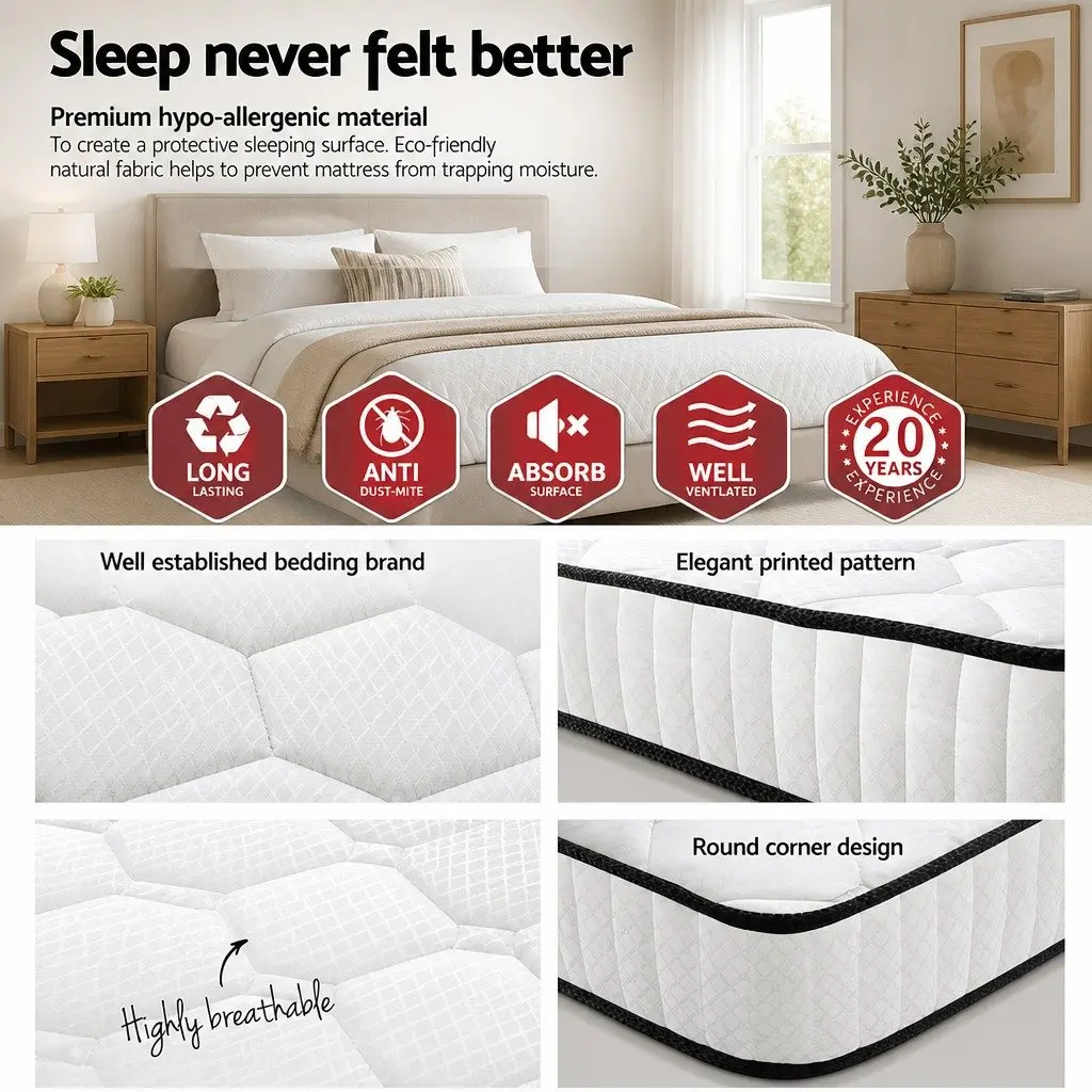 Double Mattress Pocket Spring Medium Firmness 21cm Queen Size White