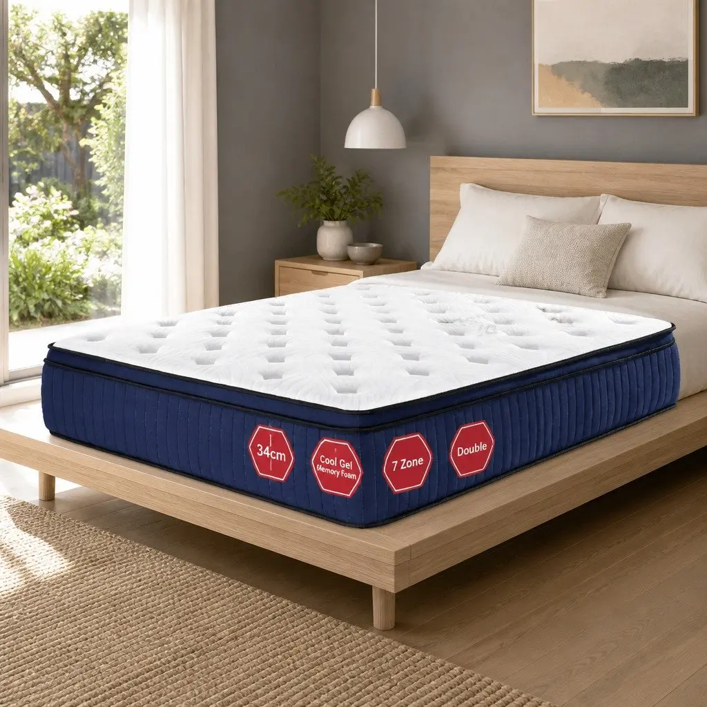 Double Mattress 34cm Cool Gel Memory Foam 7 Zone Pocket Springs Medium Firm