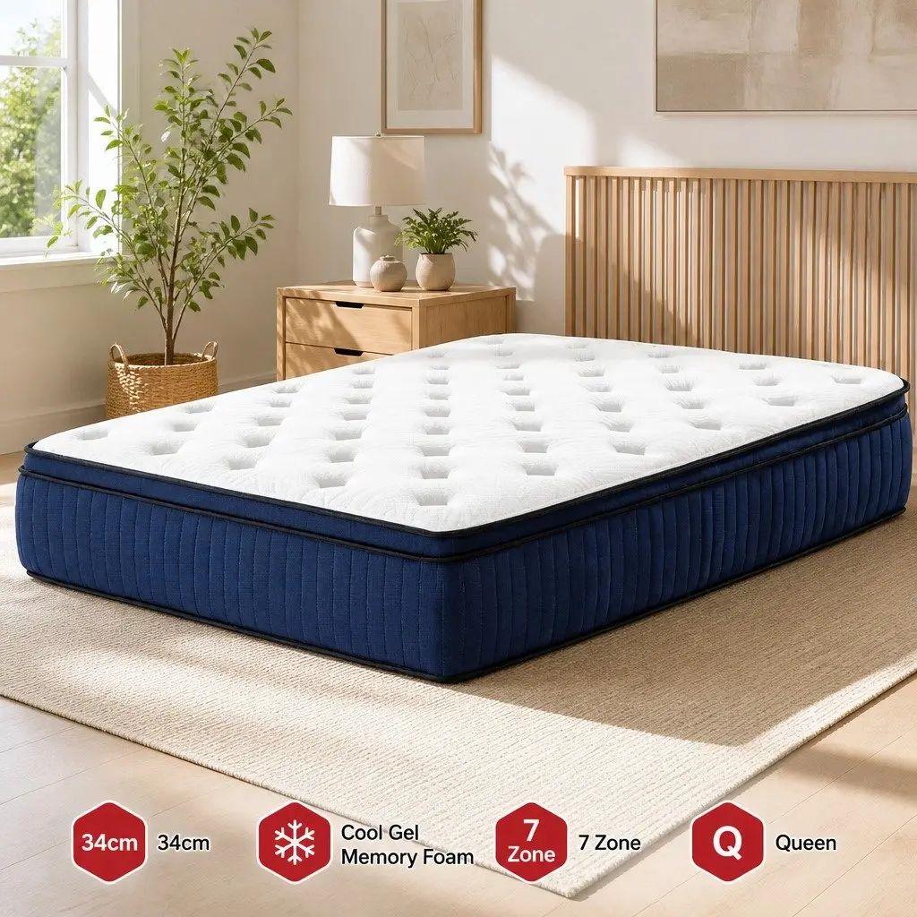 Queen Mattress Cool Gel Memory Foam 34cm 7 Zone Pocket Spring Euro Top White