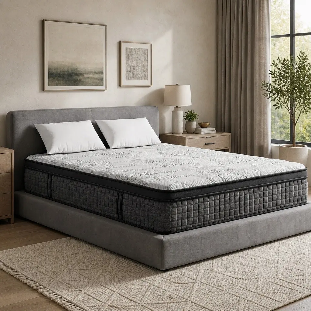 Double Mattress Medium Firm 34cm Euro Top 9 Zone Pocket Spring Latex Foam White Black Grey