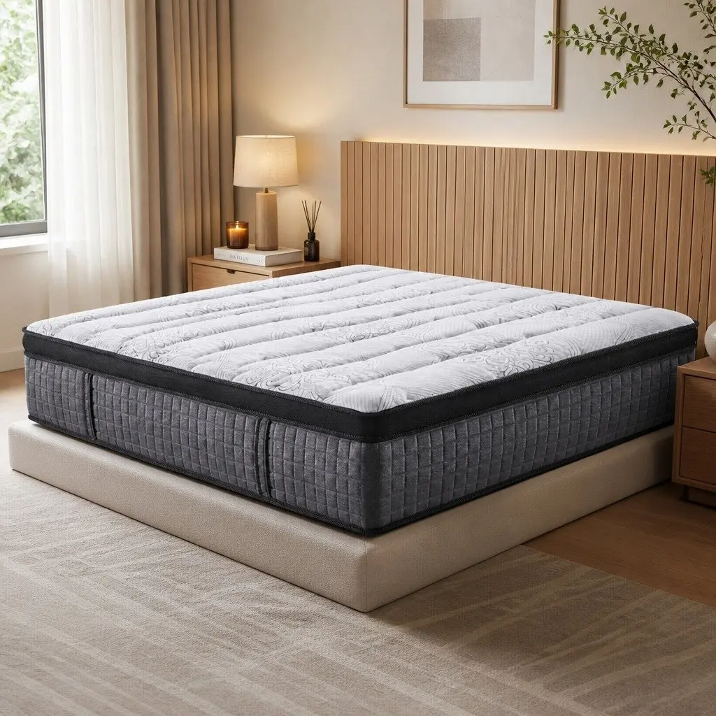 Double Mattress Medium Firm 34cm Euro Top 9 Zone Pocket Spring Latex Foam White Black Grey