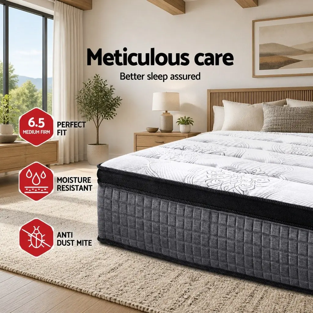 Double Mattress Medium Firm 34cm Euro Top 9 Zone Pocket Spring Latex Foam White Black Grey