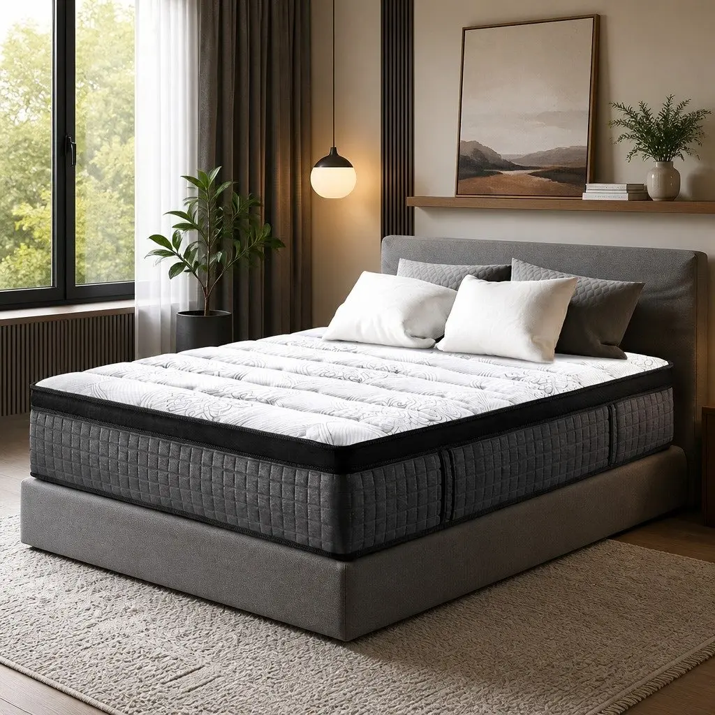 Double Mattress Medium Firm 34cm Euro Top 9 Zone Pocket Spring Latex Foam White Black Grey