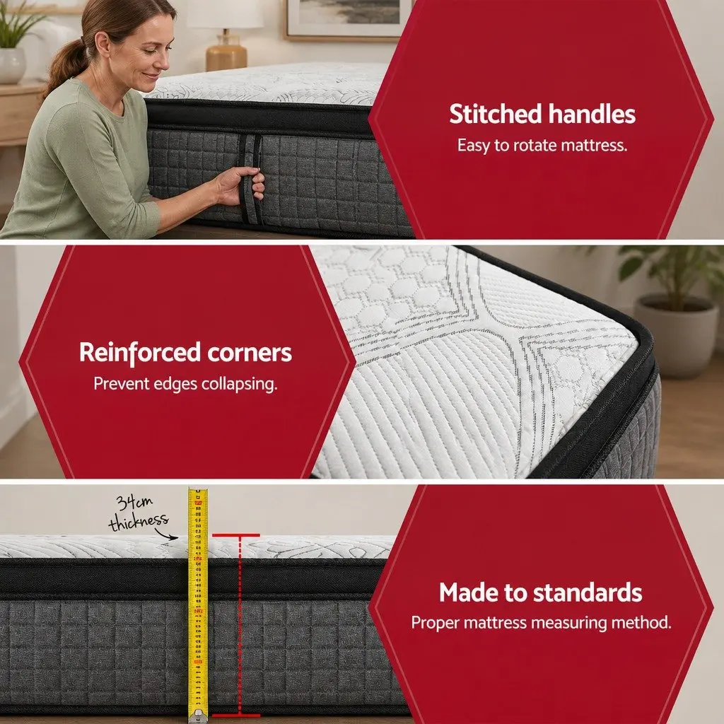 Double Mattress Medium Firm 34cm Euro Top 9 Zone Pocket Spring Latex Foam White Black Grey