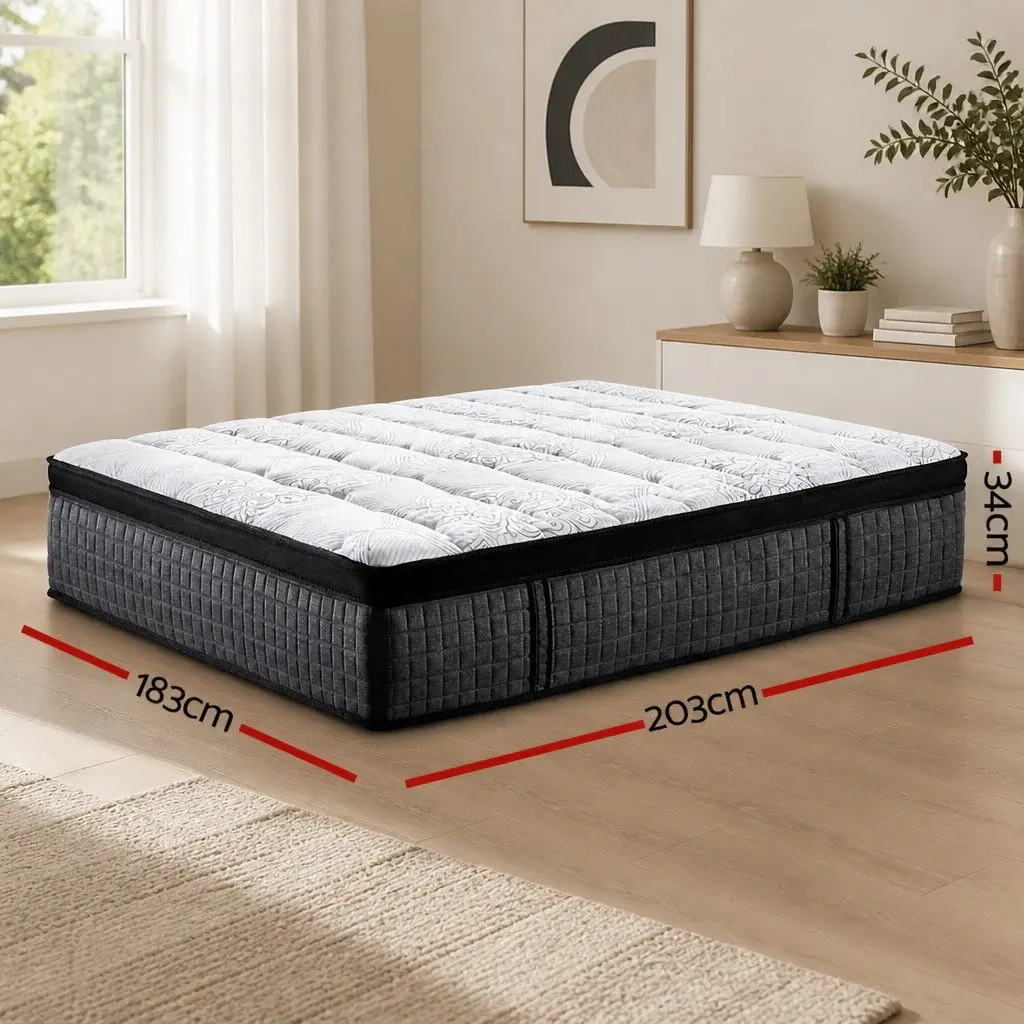 King Size Mattress Medium Firm 34cm 9 Zone Pocket Spring Euro Top White Black Grey