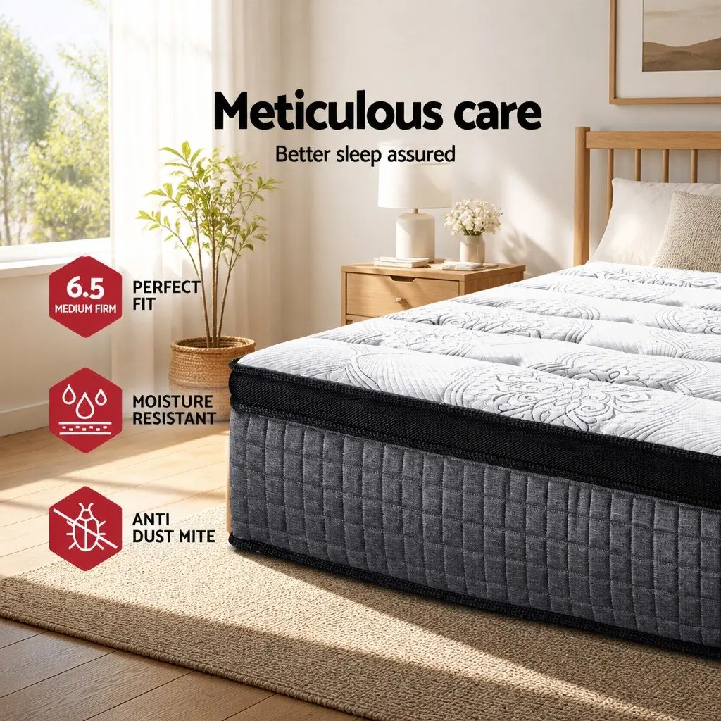 King Size Mattress Medium Firm 34cm 9 Zone Pocket Spring Euro Top White Black Grey