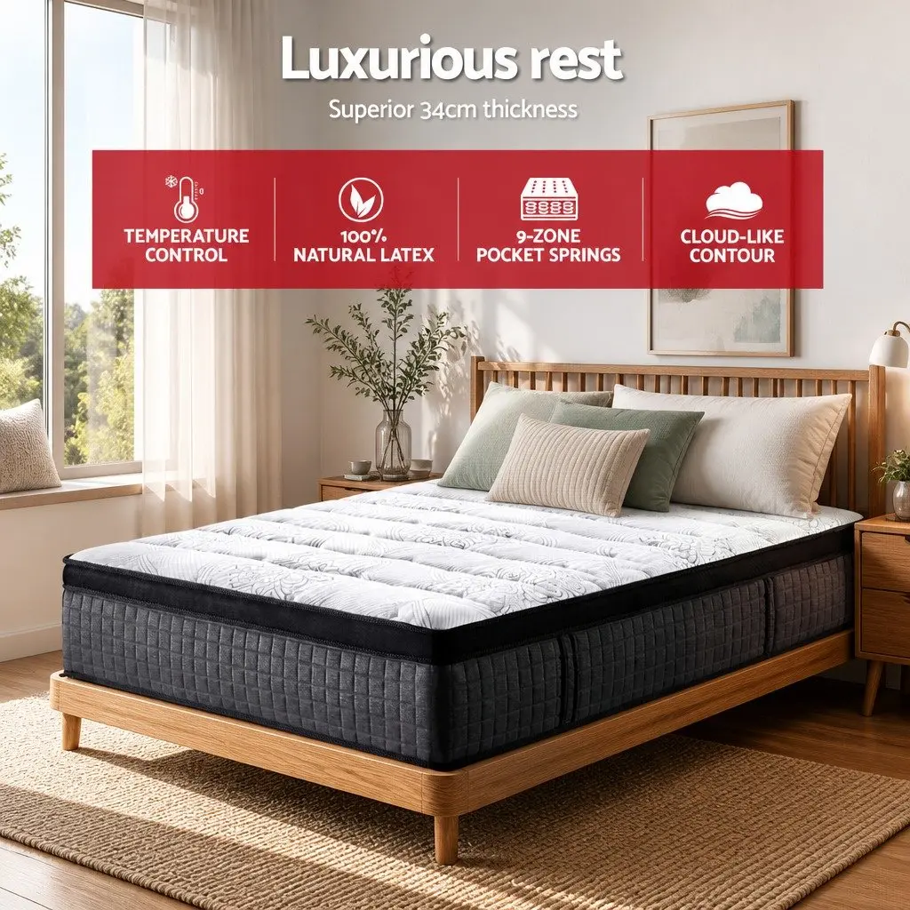 King Size Mattress Medium Firm 34cm 9 Zone Pocket Spring Euro Top White Black Grey