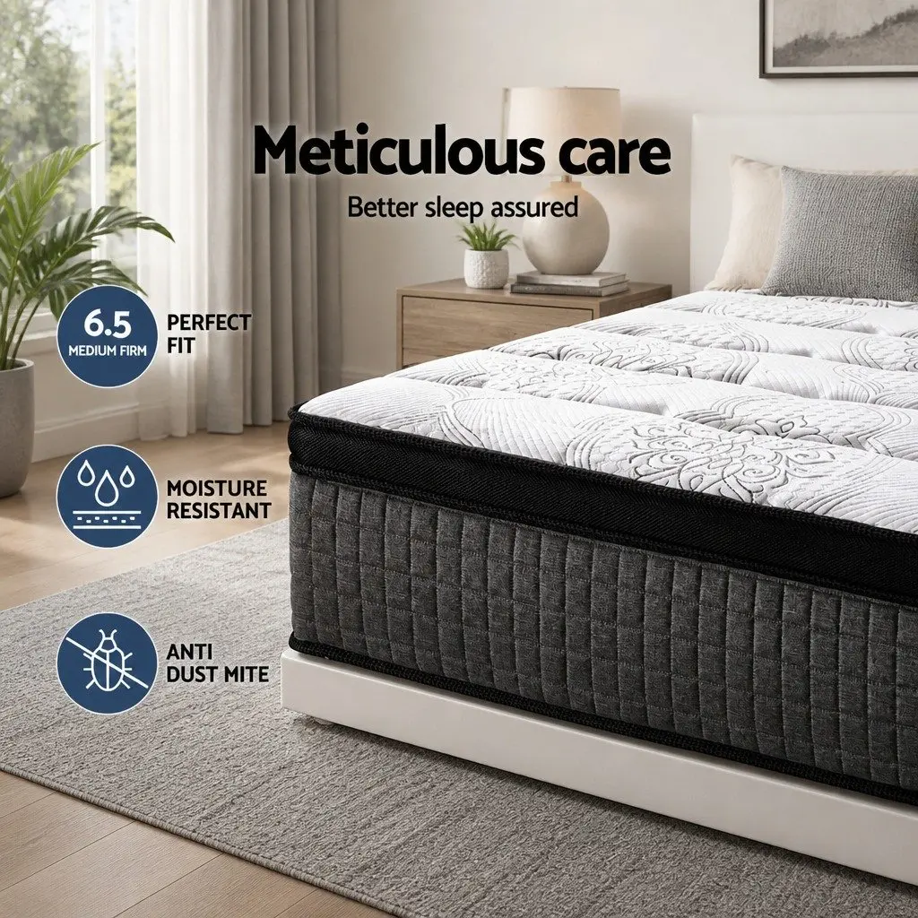Single Mattress 34cm Euro Top 9 Zone Pocket Spring Medium Firm Latex Foam White Black Grey