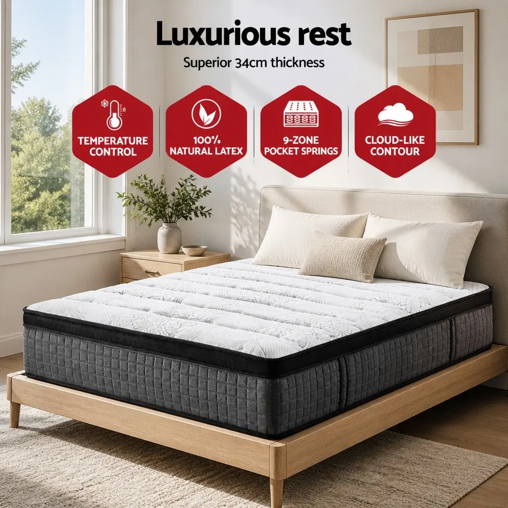 Single Mattress 34cm Euro Top 9 Zone Pocket Spring Medium Firm Latex Foam White Black Grey