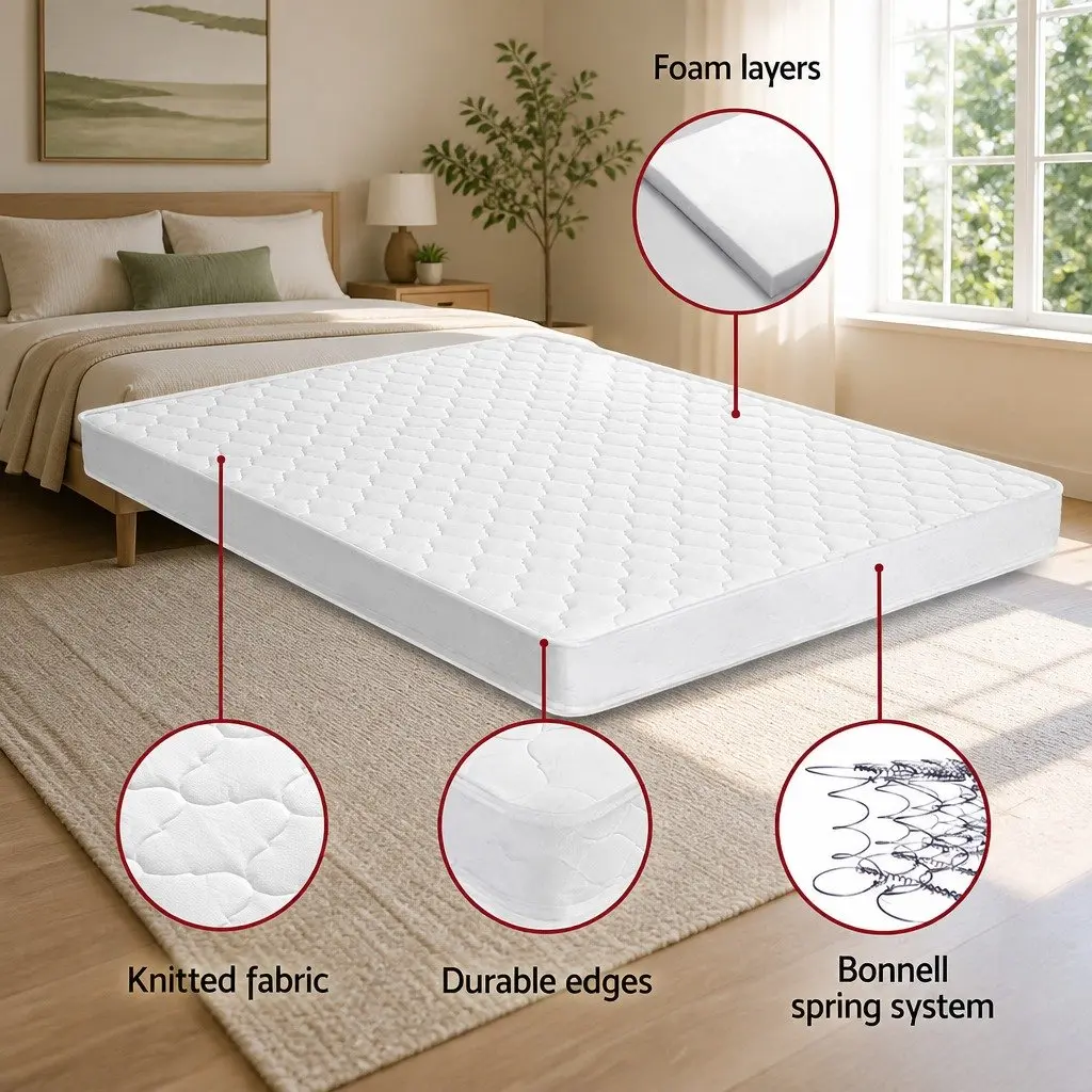 Queen Mattress 13cm Medium Firm Bonnell Spring Tight Top Quilted White Bed