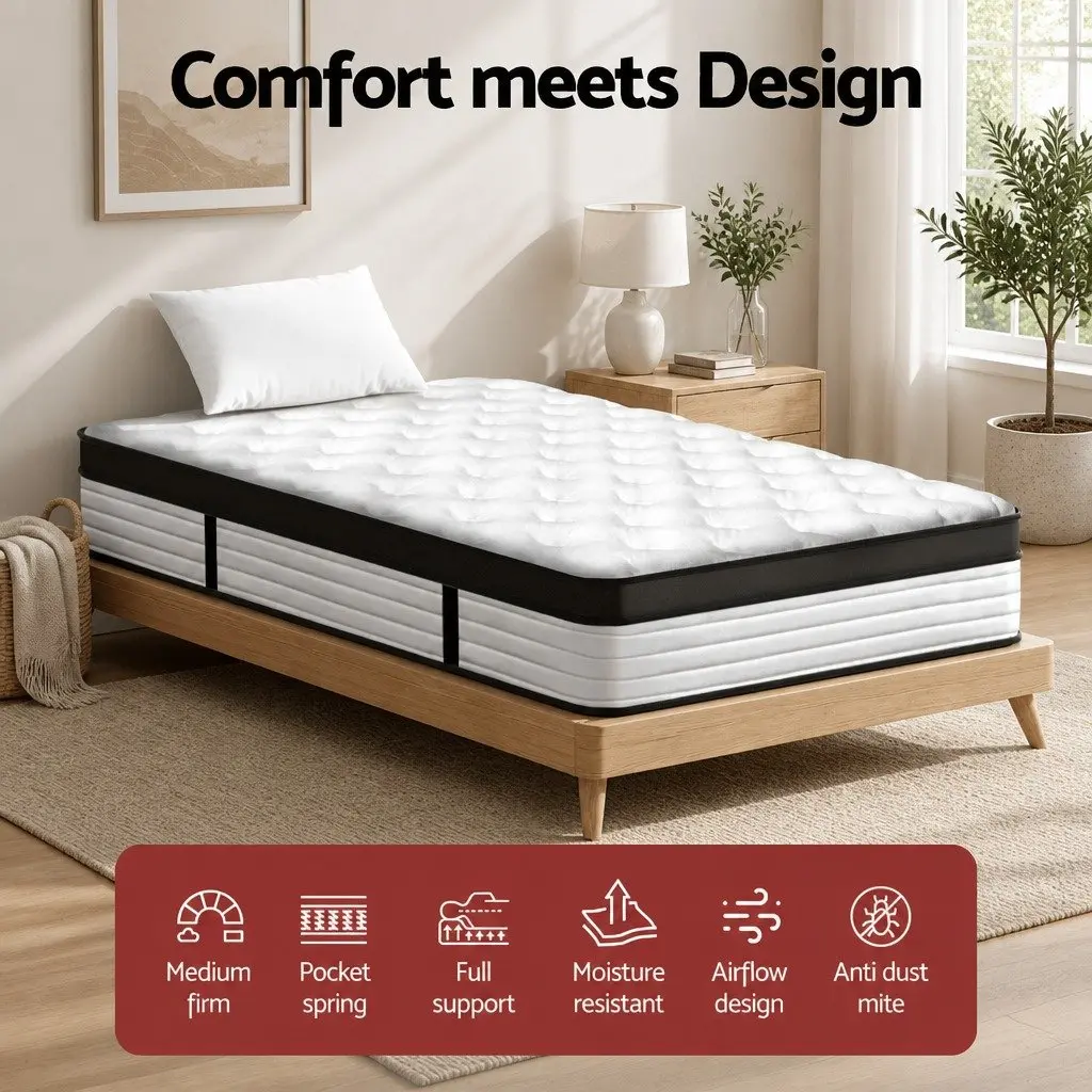 Single Mattress Medium Firm 31cm Pocket Spring Plush Euro Top White