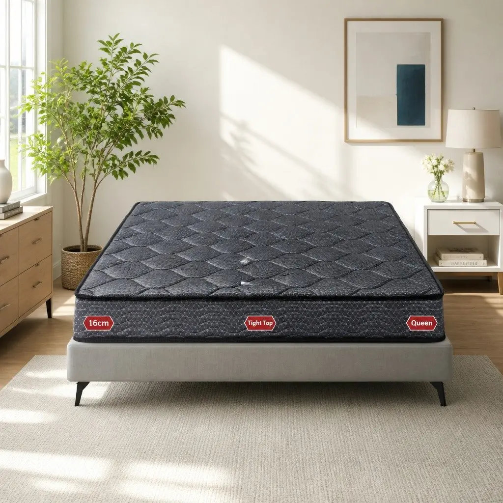 Queen Mattress Medium-Firm Support 16cm Grey Bonnell Spring Tight Top