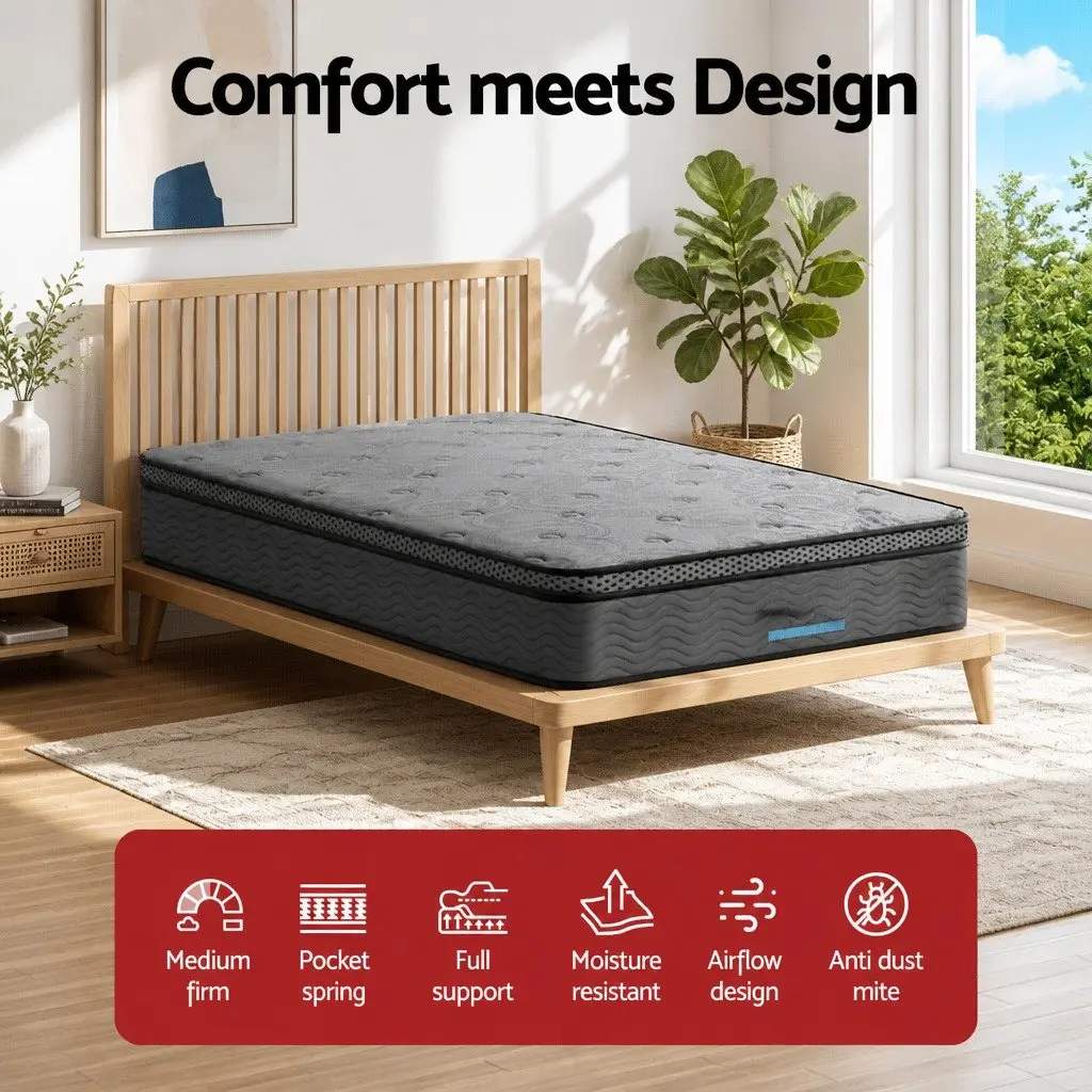 King Single Mattress Euro Top Medium Firm 26cm Pocket Spring Memory Foam Grey