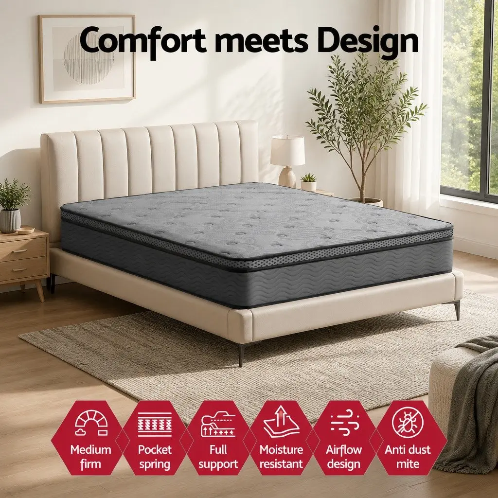 Queen Mattress Medium-Firm 26cm Euro Top Pocket Spring Memory Foam Grey