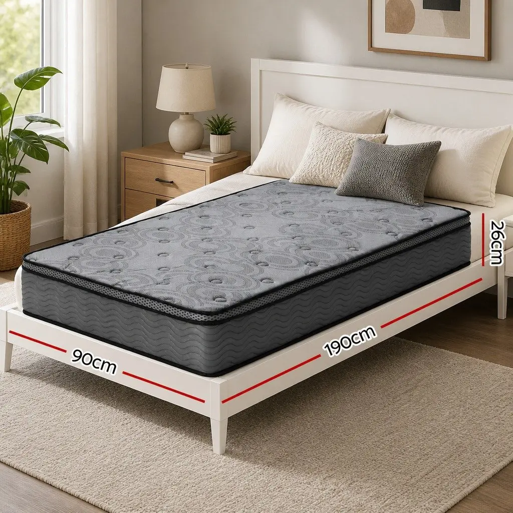 Single Mattress 26cm Thick Euro Top Medium Firm Pocket Spring Memory Foam Grey