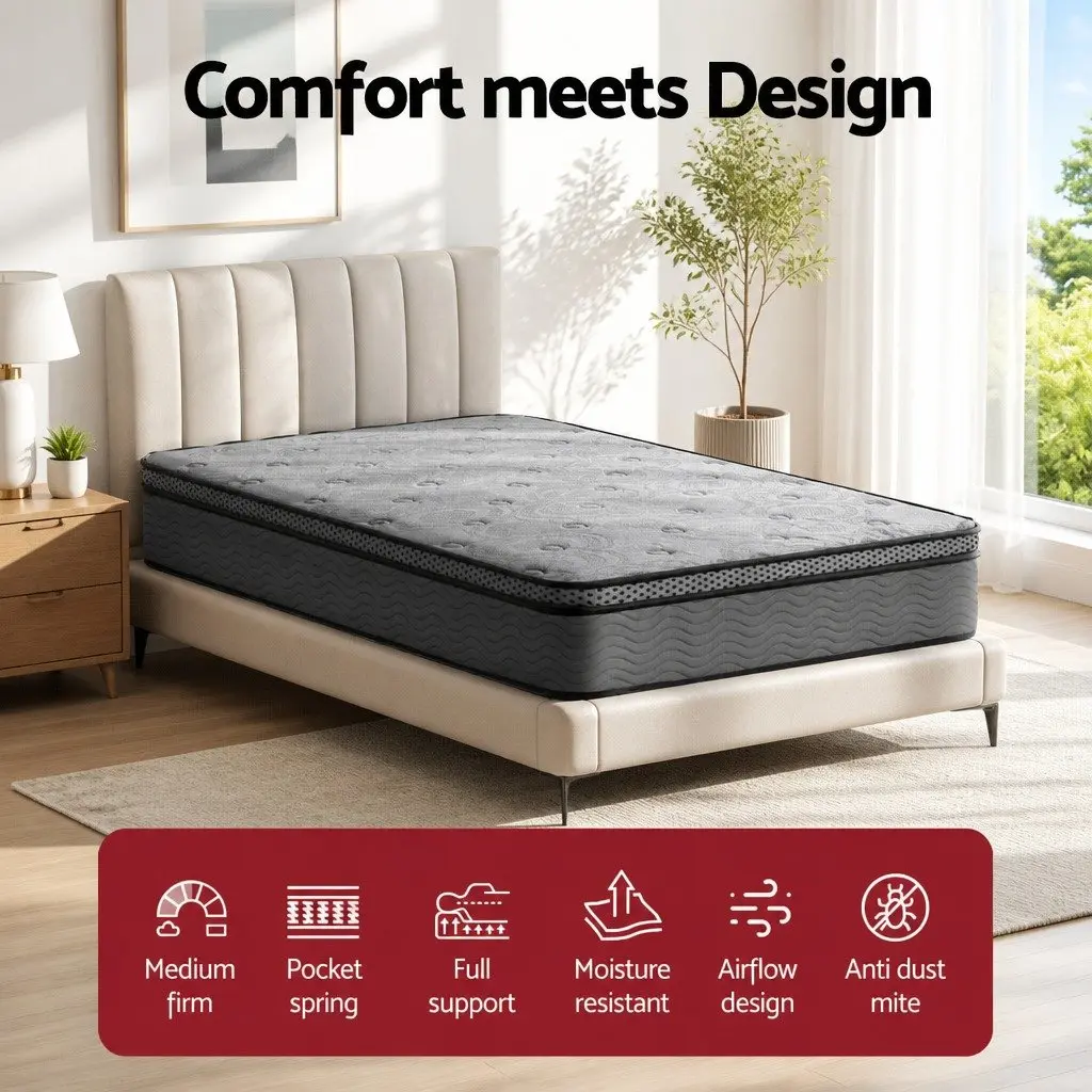 Single Mattress 26cm Thick Euro Top Medium Firm Pocket Spring Memory Foam Grey